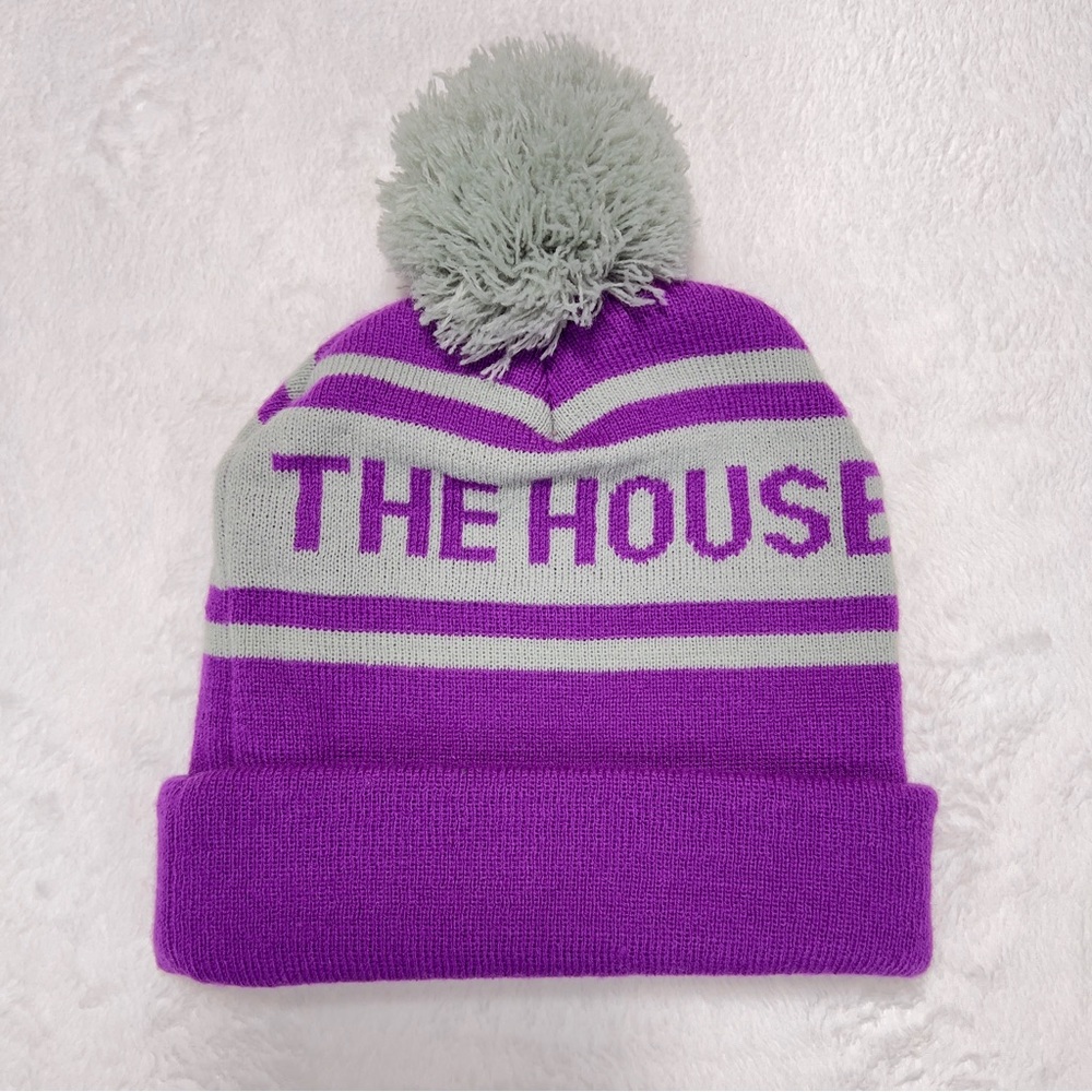 The House Beanie OS Fits All Purple Grey Pom Pom Snowboard Shop Never Worn!